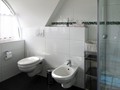 Das Bad mit Dusche, Wanne und WC im Dachgeschoss